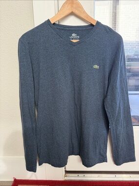 Men Authentic Lacoste Blue Navy long sleeve v-neck T shirt Top size 2